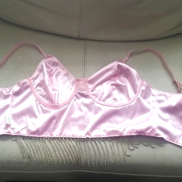 BOHO Glam Pink Sparkle Sequin Crop Top with Jewelled Fringe SZ L - Picture 17 of 17